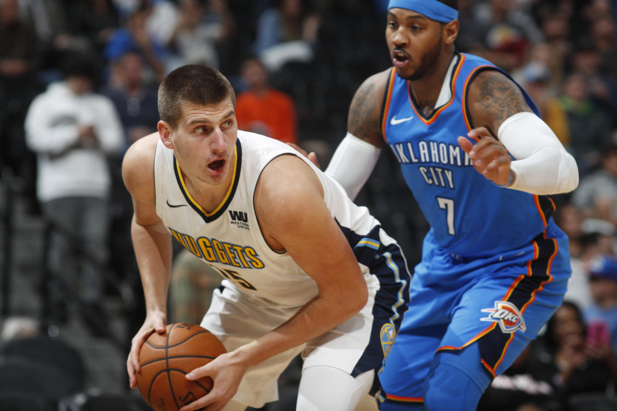 Nikola Jokic’s Denver Nuggets are keeping Carmelo Anthony’s Oklahoma City Thunder in the rearview of the Northwest Division. (AP)