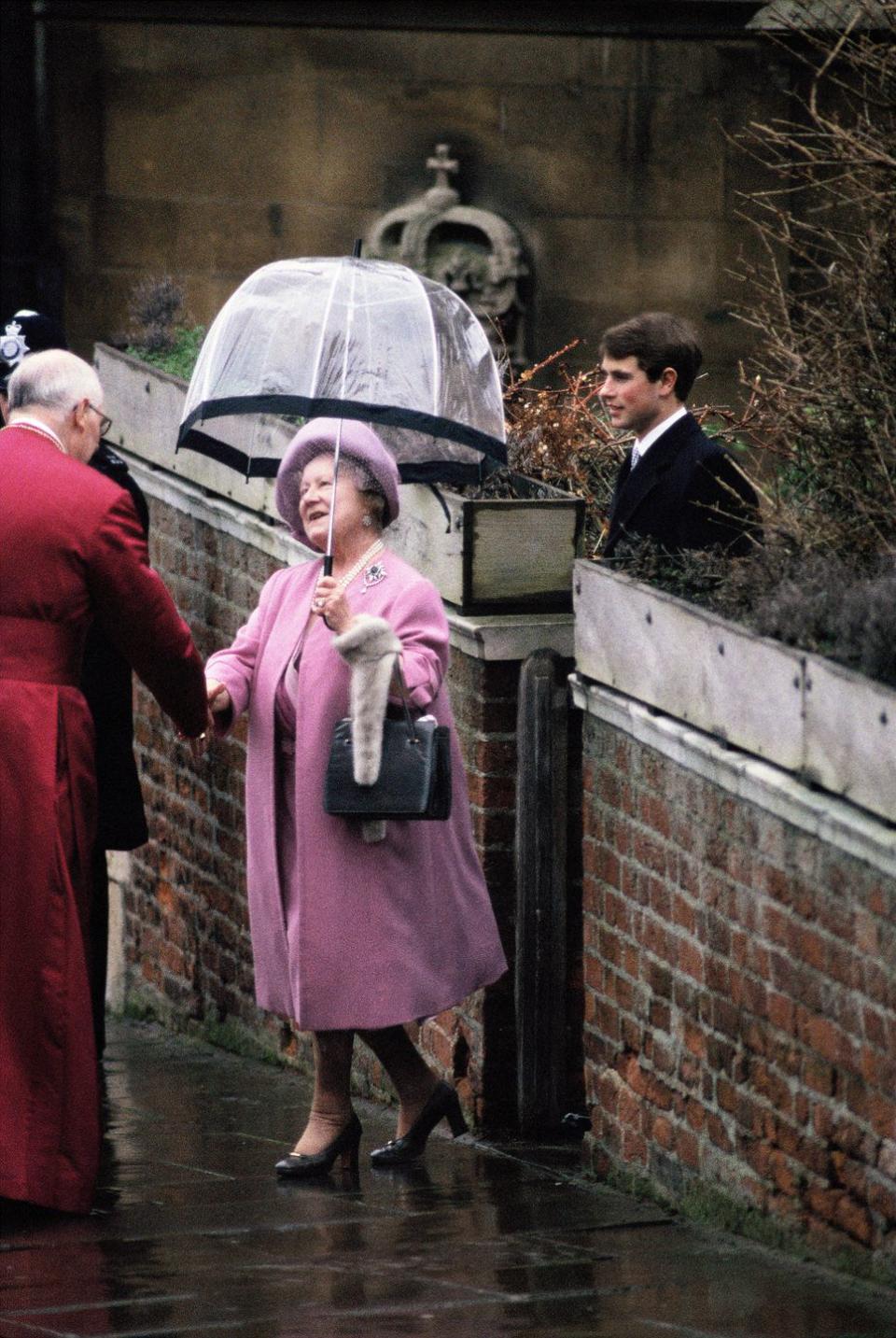 <p>The Queen Mother after attending the royal Christmas service at St. George's Chapel on December 25, 1984 in Windsor.</p>