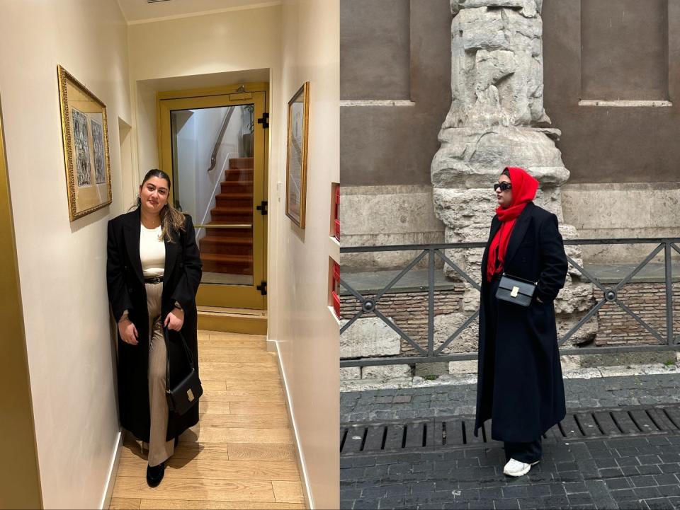 Two images of a girl. In the first she is standing in a hallway and smiling, in the second she is wearing a red scarf and black outfit, and is standing in front of a building in Rome, Italy.