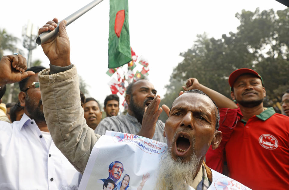Supporters of Awami League political party shout slogans as they rally to celebrate the party's overwhelming victory in last month's election in Dhaka, Bangladesh, Saturday, Jan. 19, 2019. (AP Photo)