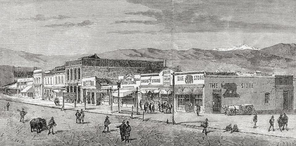 A drawing of Salt Lake City from a book published in 1875. <a href="https://www.gettyimages.com/detail/news-photo/view-of-the-main-street-salt-lake-city-utah-america-in-the-news-photo/188003483?adppopup=true" rel="nofollow noopener" target="_blank" data-ylk="slk:Universal History Archive/Universal Images Group via Getty Images;elm:context_link;itc:0;sec:content-canvas" class="link ">Universal History Archive/Universal Images Group via Getty Images</a>