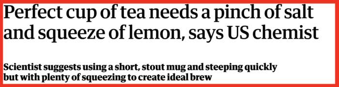 Screenshot of a headline saying "Perfect cup of tea needs a pinch of salt and squeeze of lemon, says US chemist"