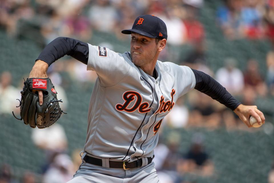 Detroit Tigers starting pitcher Joey Wentz (43) delivers against the Minnesota Twins in the first inning at Target Field in Minneapolis on Saturday, June 17, 2023.