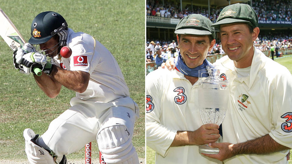 Ricky Ponting (pictured left) takes a bouncer to the helmet and (pictured right) with teammate Justin Langer smiling.