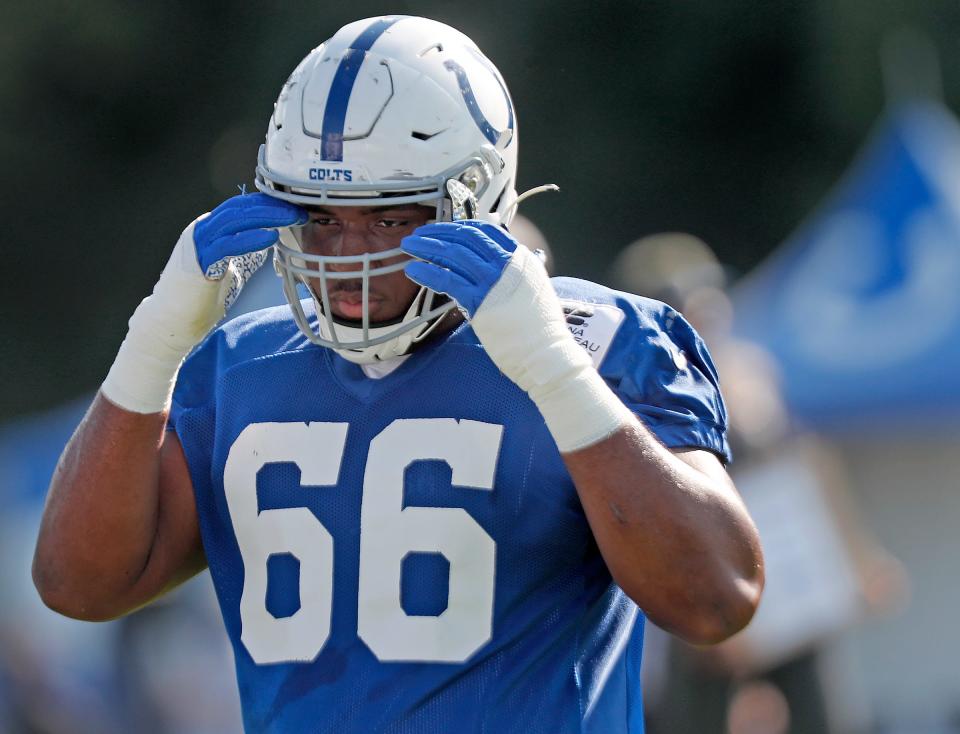 Defensive Tackle Chris Williams (#66) moves to the next drill Colts camp practice Tuesday, Aug. 24, 2021 at Grand Park Sports Campus in Westfield.<br>Colts Camp Practice Continues At Grand Park Sports Campus In Westfield Tuesday Aug 24 2021<br>© Kelly Wilkinson/IndyStar