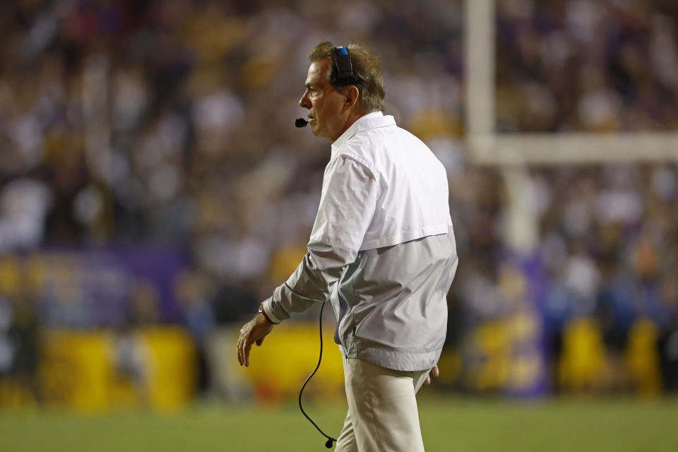 Alabama coach Nick Saban reacts to a call during the second half of the team's NCAA college football game against LSU in Baton Rouge, La., Saturday, Nov. 5, 2022. LSU won 32-31 in overtime. (AP Photo/Tyler Kaufman)