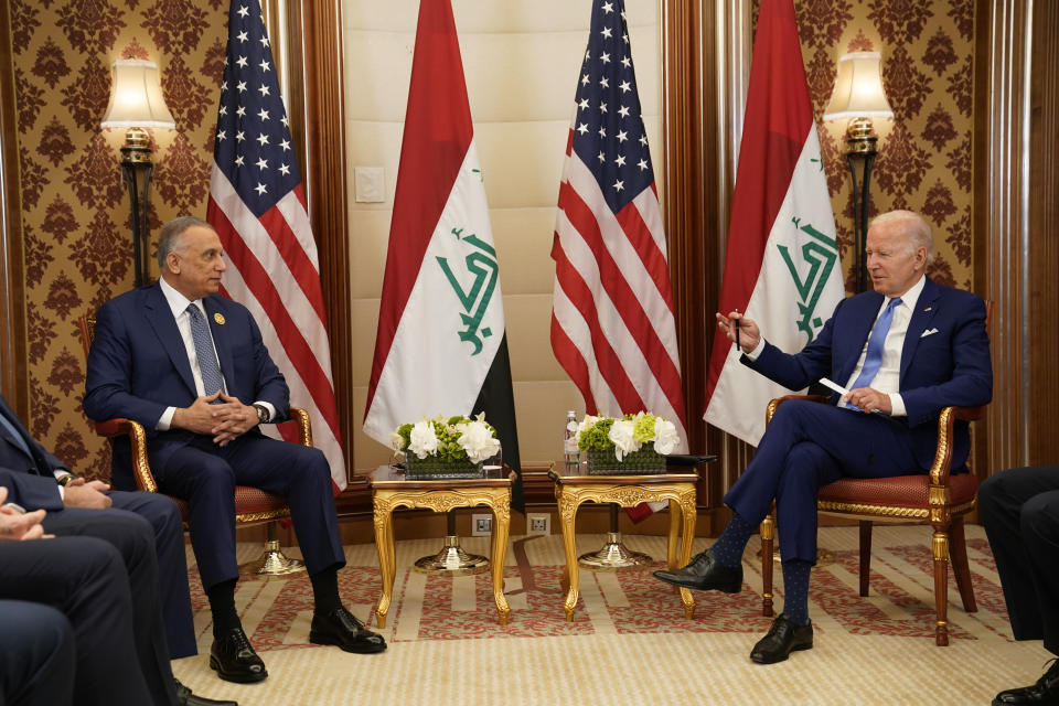 President Joe Biden meets with Iraqi Prime Minister Mustafa Al-Kadhimi, Saturday, July 16, 2022, in Jeddah, Saudi Arabia. (AP Photo/Evan Vucci)