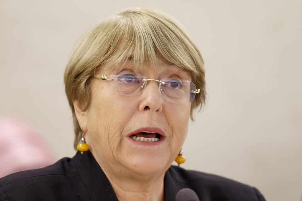 U.N. High Commissioner for Human Rights, Michelle Bachelet, attends the opening of 42nd session of the Human Rights Council at the European headquarters of the United Nations in Geneva, Switzerland, Monday, Sept. 9, 2019. (Salvatore Di Nolfi/Keystone via AP)