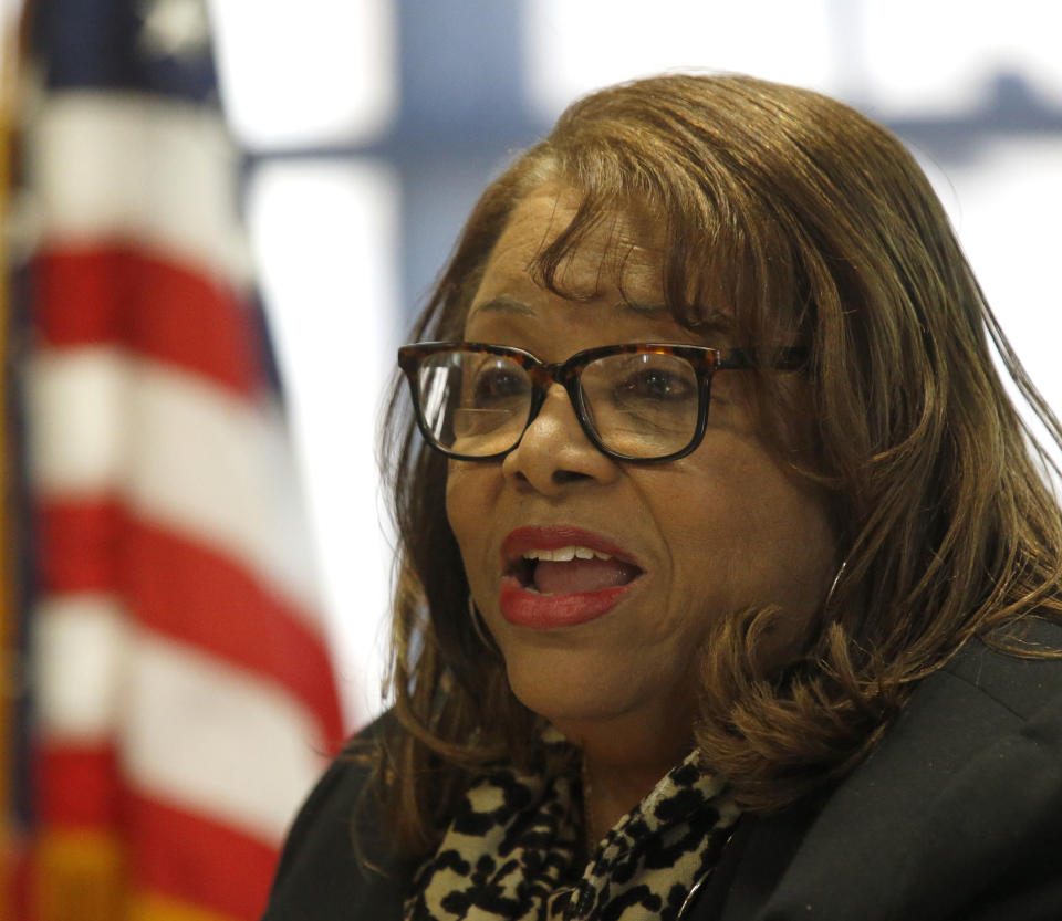 Elizabeth Johnson Rice, one of the original "Richmond 34" civil rights protesters, speaks after the report from The Commission to Examine Racial Inequity in Virginia Law was presented to the governor in Richmond, Va., Thursday, Dec. 5, 2019. (Bob Brown/Richmond Times-Dispatch via AP)
