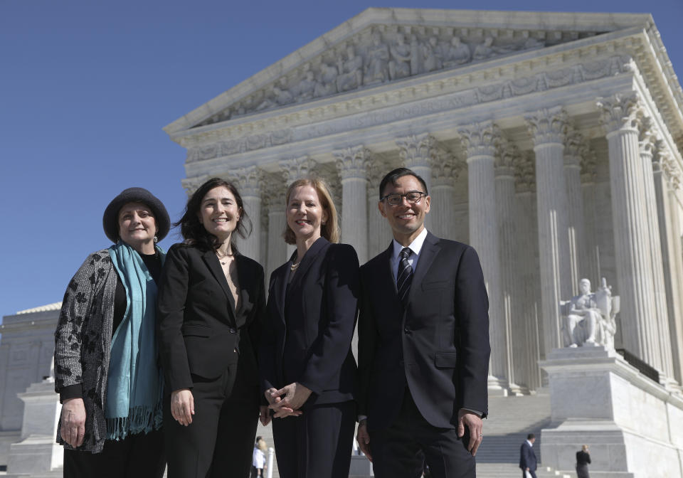 Kathaleen Pittman, of Hope Medical Group for Women, Rikelman, senior director of the Center for Reproductive Rights, Nancy Northup, center president, and T.J. Tu, the center's senior council for U.S. litigation, stand outside the U.S. Supreme Court after oral arguments in June Medical Services v. Russo on March 4.<span class="copyright">Alyssa Schukar—Center for Reproductive Rights/AP</span>