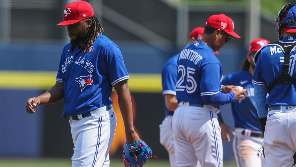 BUFFALO, NEW YORK - JULY 04: Rafael Dolis #41 of the Toronto Blue Jays walks off the field after being pulled from the game during the ninth inning at Sahlen Field on July 04, 2021 in Buffalo, New York. (Photo by Joshua Bessex/Getty Images)