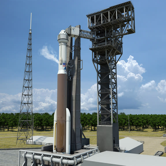 Artist's concept of the CST-100 poised to lift off at the Kennedy Space Center's space launch complex 41.