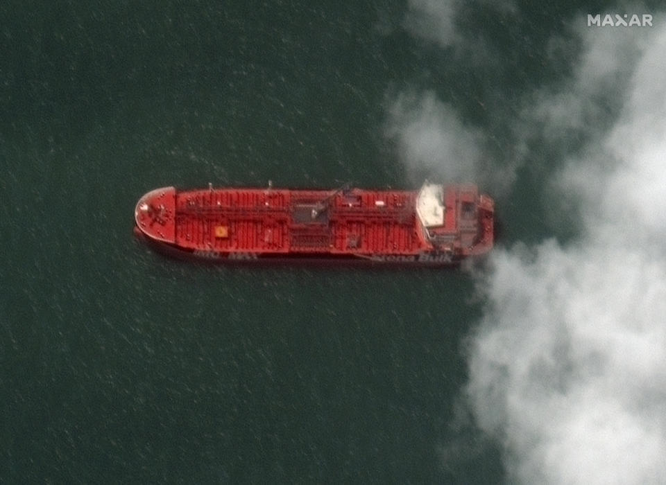 This Monday, July 22, 2019 Maxar Technologies shows a close up of British-flagged oil tanker Stena Impero at the Iranian port city of Bandar Abbas. President Hassan Rouhani suggested on Wednesday, July 24, that Iran might release the U.K.-flagged ship if Britain takes similar steps to release an Iranian oil tanker seized by the British Royal Navy off Gibraltar earlier this month. His remarks could create an opening to reduce tensions as Boris Johnson becomes prime minister. (Satellite image ©2019 Maxar Technologies via AP)