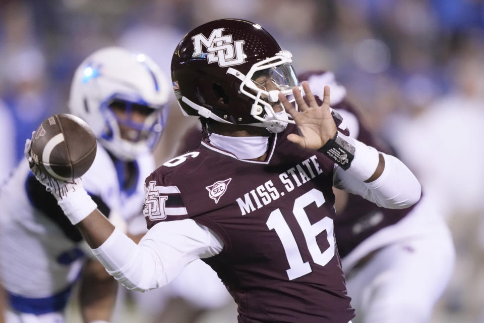 Mississippi State quarterback Chris Parson throws a pass against Kentucky during the second half of an NCAA college football game in Starkville, Miss., Saturday, Nov. 4, 2023. (AP Photo/Rogelio V. Solis)