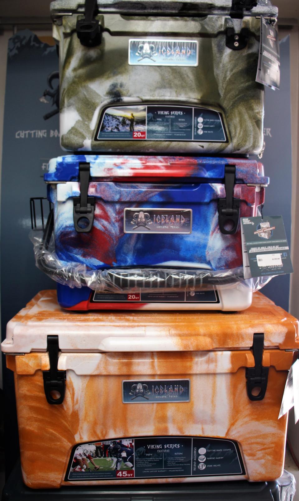 A display of Iceland Coolers of different sizes and color sytles at B&B Guns and Ammo in Abilene.