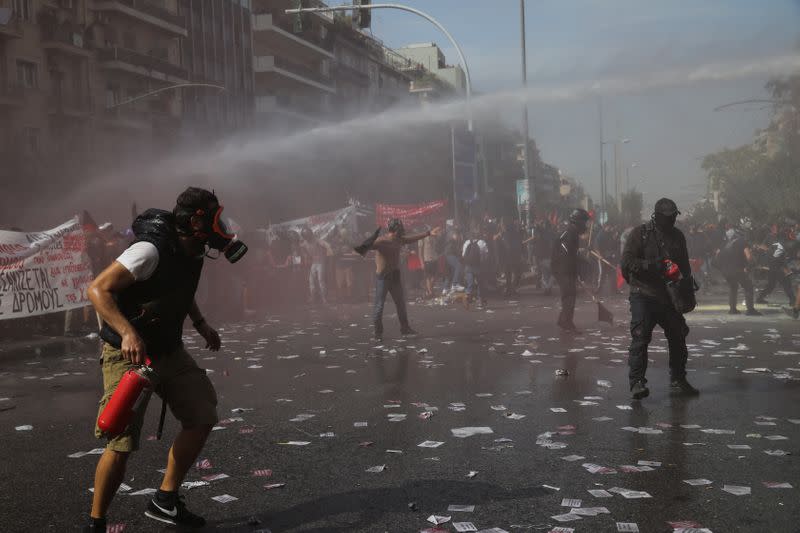 Protest outside a court, where the trial of leaders and members of the Golden Dawn far-right party takes place in Athens