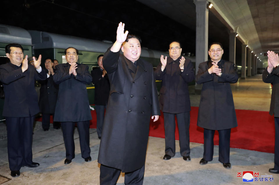 FILE - In this photo provided by the North Korean government, North Korean leader Kim Jong Un waves at an undisclosed train station in North Korea, on April 24, 2019, before leaving for Russia. The content of this image is as provided and cannot be independently verified. Korean language watermark on image as provided by source reads: "KCNA" which is the abbreviation for Korean Central News Agency. (Korean Central News Agency/Korea News Service via AP, File)