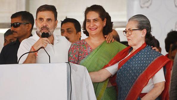Ex-Congress chief Sonia Gandhi on the right with Priyanka Gandhi Vadra in the centre and Rahul Gandhi on the left at a public meeting on 17 May 2024 in Rae Bareli