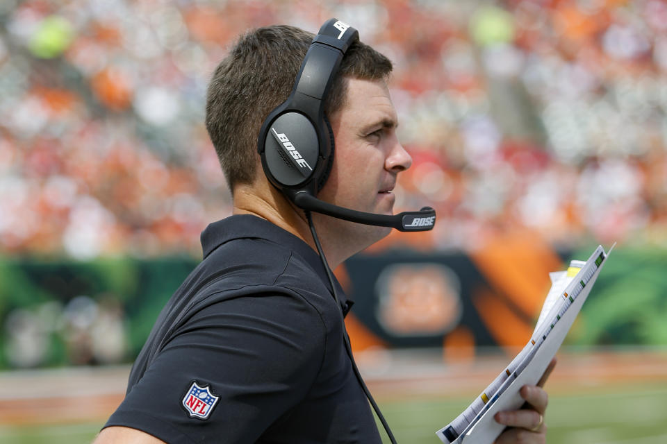 Cincinnati Bengals head coach Zac Taylor works the sidelines during the second half an NFL football game against the San Francisco 49ers, Sunday, Sept. 15, 2019, in Cincinnati. (AP Photo/Frank Victores)