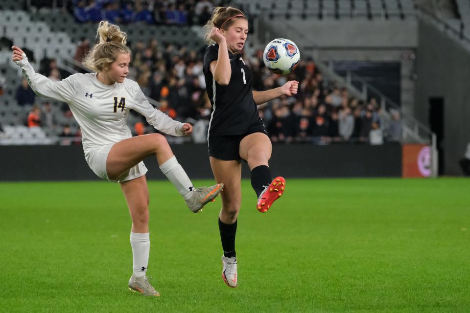 Waynesville midfielder Baylee Williams (1) fields the ball during the OHSAA girls Division III state soccer championship against Ottawa-Glandorf at Lower.com Field in Columbus, Ohio, Friday, Nov. 12, 2021.