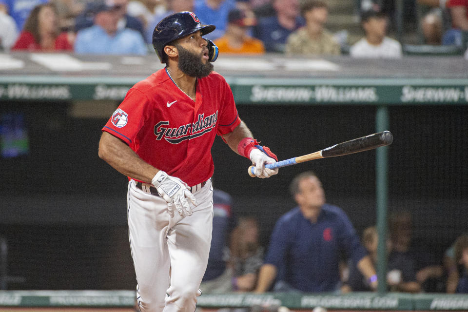 Cleveland Guardians' Amed Rosario watches his three-run home run off Minnesota Twins starting pitcher Josh Winder during the fifth inning of the second game of a baseball doubleheader in Cleveland, Saturday, Sept. 17, 2022. (AP Photo/Phil Long)