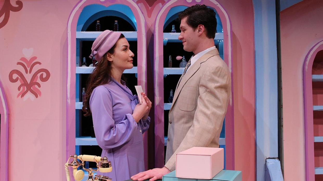 Clara Moos and Oscar Hample star as star-crossed lovers in “She Loves Me,” opening Feb. 8 at West Texas A&M University.