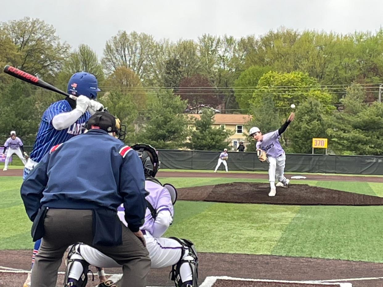 Jackson starter Landon Thiel pitches during a high school baseball game against Lake at Jackson on Tuesday, April 25, 2023.