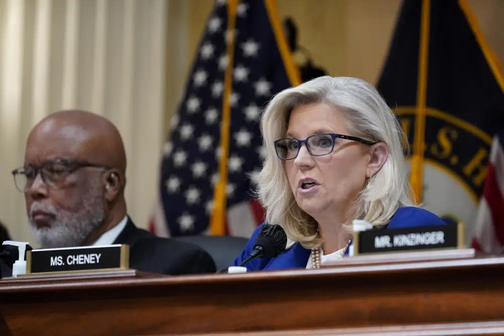 Vice Chair Liz Cheney, R-Wyo., speaks as the House select committee investigating the Jan. 6 attack on the U.S. Capitol, holds a hearing on Capitol Hill in Washington, Oct. 13, 2022. (AP Photo/J. Scott Applewhite, File)