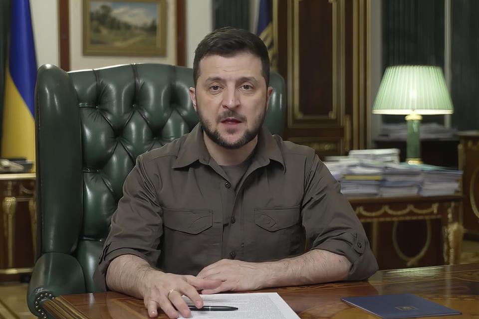 In this image from video provided by the Ukrainian Presidential Press Office, Ukrainian President Volodymyr Zelenskyy speaks from Kyiv, Ukraine, Tuesday, April 5, 2022. (Ukrainian Presidential Press Office via AP)