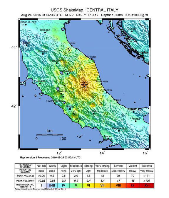 A "shake map" of central Italy shows the seismic impacts of the Aug. 24, 2016 earthquake.