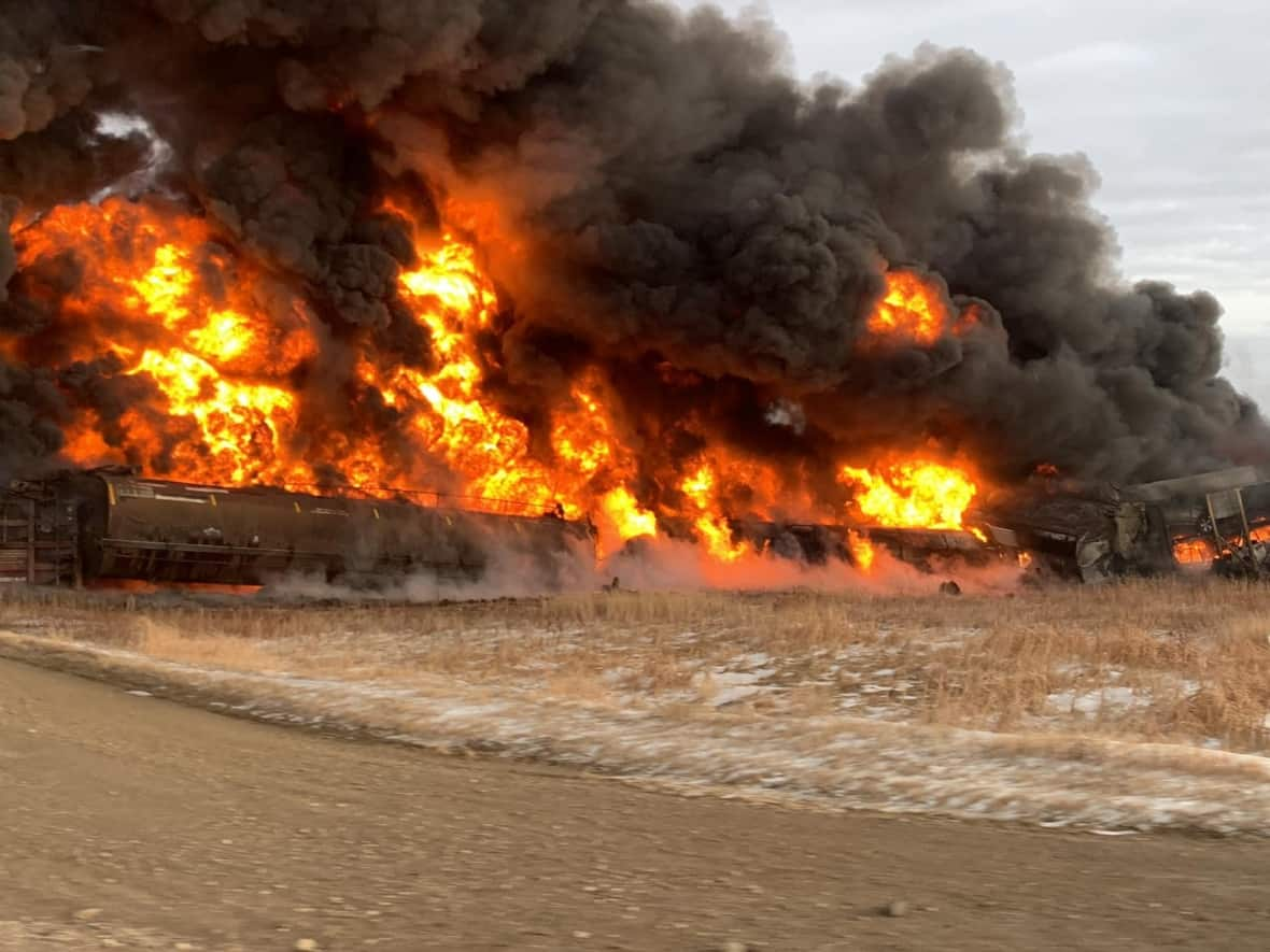 A train derailed near the village of Macoun in southeastern Saskatchewan Thursday morning. (Amber Mantei/Facebook - image credit)