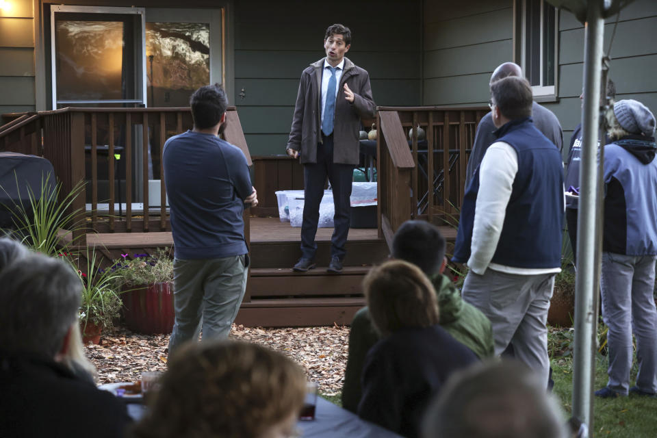 Minneapolis Mayor Jacob Frey speaks to his constituents at his "Mayor on the Block" event on Tuesday, Oct. 26, 2021, in Minneapolis. (AP Photo/Christian Monterrosa)