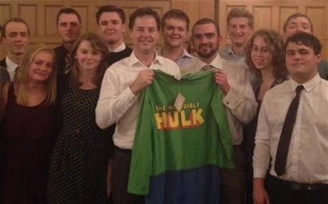 Deputy Prime Minister Nick Clegg revealed he owned a onesie during a radio phone-in on January 10. The Liberal Democrat leader was given the fashion forward garment in Sheffield. The onesie is green and has the words 'Incredible Hulk' on the front (Harry Matthews)