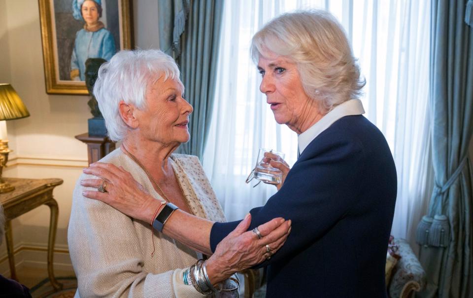 Camilla, Duchess of Cornwall, right, speaks with actor Judy Dench at a reception for 'The Duchess of Cornwall's Reading Room', - Ian Jones/PA