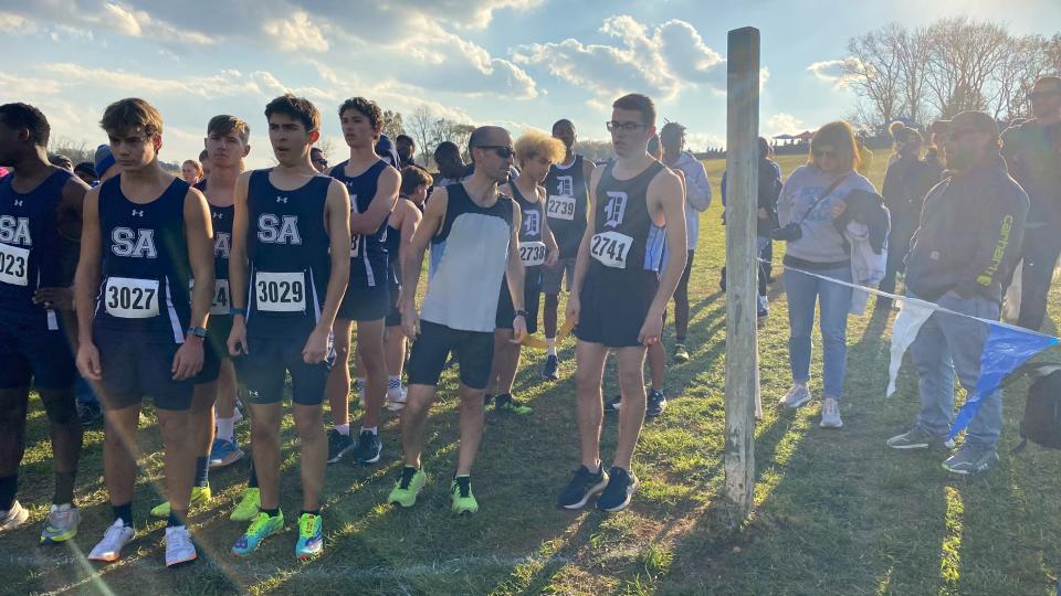 Anthony Papiro (No. 2741) and guide runner Anthony Swierzbinski at the start line of the state cross-country championships at Brandywine Creek on Nov. 11, 2023.