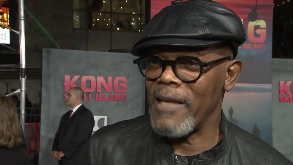 Samuel L Jackson talking at the Kong: Skull Island premiere (AP)