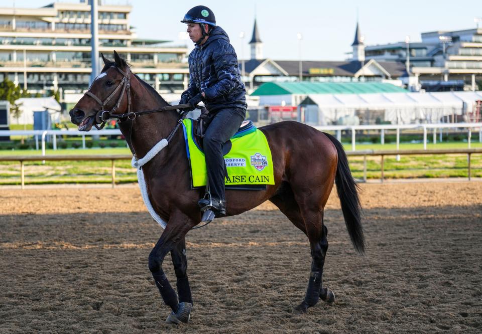 Kentucky Derby contender Raise Cain on the track Tuesday morning at Churchill Downs May 2, 2023, in Louisville, Ky.