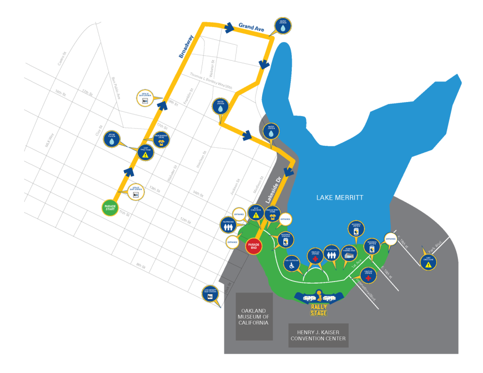 The route for the Warriors' 2017 NBA championship parade through downtown Oakland. (Image via Warriors.com)
