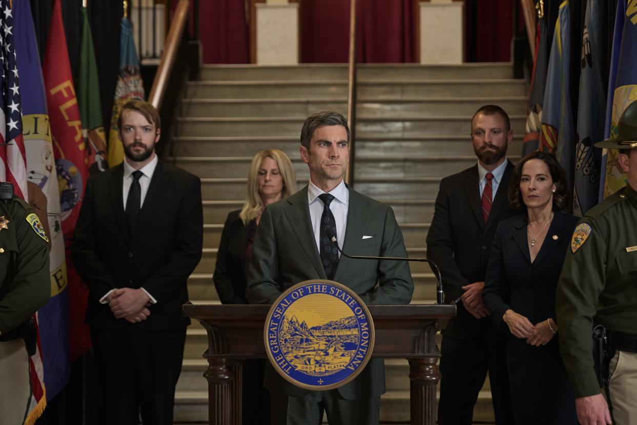 "Yellowstone" Season 5 second half first look. Jamie Dutton (Wes Bentley) with Lynelle Perry (right, Wendy Moniz), the one-time Montana governor who was elected to the U.S. Senate. John Dutton (Kevin Costner) replaced Perry as Montana governor earlier in Season 5.