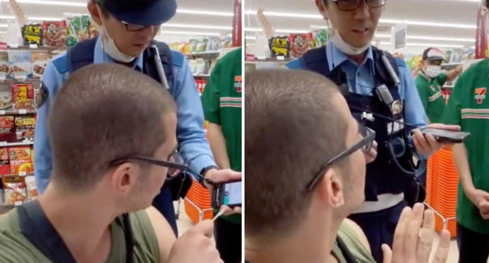 Two photos of an Aussie vlogger, Turan William Salis, being spoken to by a police officer in Japan.