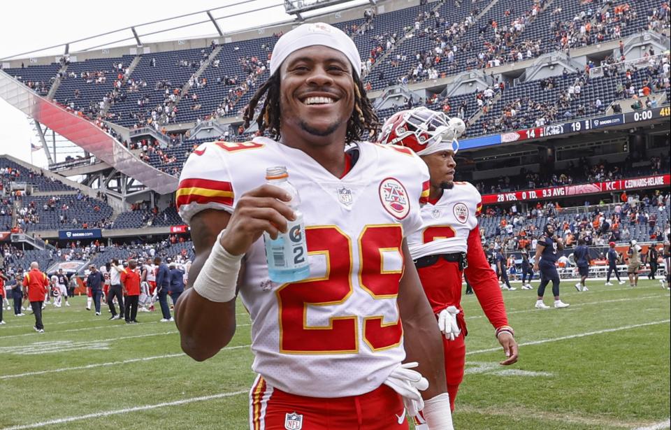 Kansas City Chiefs running back Jerrion Ealy walks off the field after a preseason NFL football game against the Chicago Bears, Saturday, Aug. 13, 2022, in Chicago. (AP Photo/Kamil Krzaczynski)