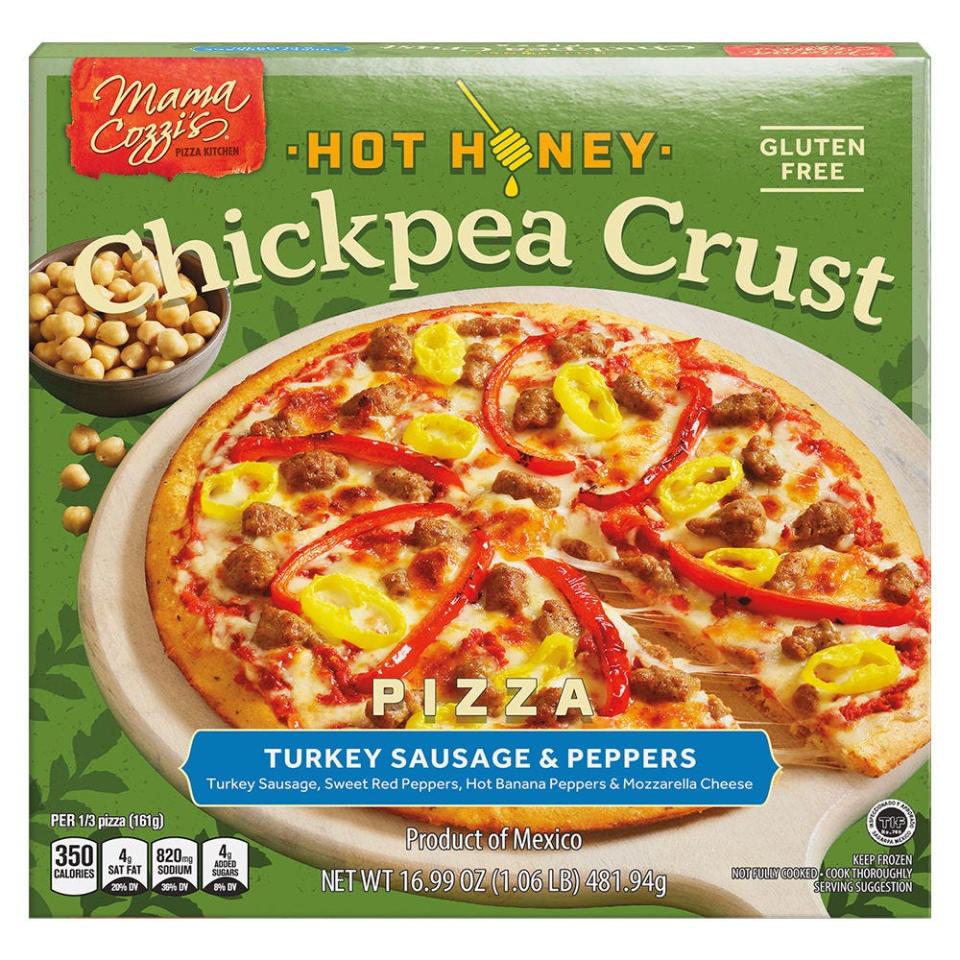 Hot-honey chickpea crust pizza with turkey sausage from Aldi 