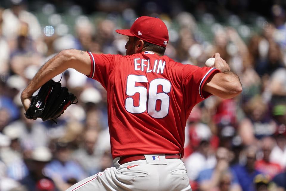 Philadelphia Phillies starting pitcher Zach Eflin throws during the first inning of a baseball game against the Milwaukee Brewers Thursday, June 9, 2022, in Milwaukee. (AP Photo/Morry Gash)