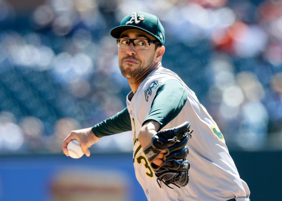 Athletics pitcher Joe Boyle throws against the Tigers during the second inning on Sunday, April 7, 2024, at Comerica Park.