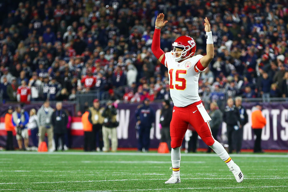 Patrick Mahomes appeared to have some luck on his side on a TD pass to Tyreek Hill against the Patriots. (Getty)