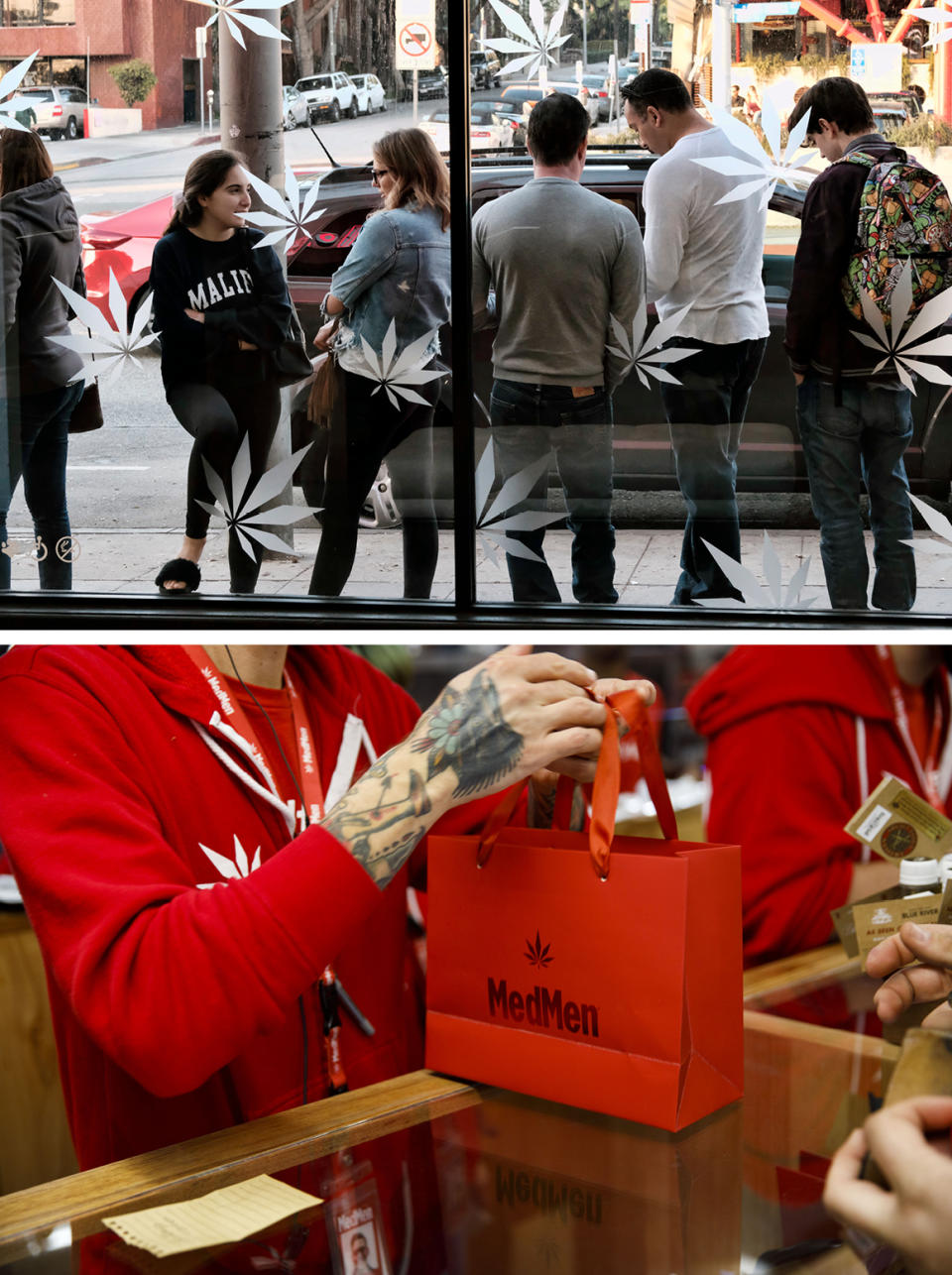 Top: Customers line up for recreational marijuana outside one of MedMen's marijuana dispensaries in Los Angeles in January 2018. Bottom: An employee hands a customer a shopping bag at the MedMen dispensary in West Hollywood in January 2018.