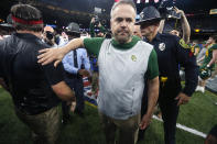 Baylor head coach Matt Rhule walks away after greeting Georgia head coach Kirby Smart after the Sugar Bowl NCAA college football game in New Orleans, Wednesday, Jan. 1, 2020. Georgia won 26-14. (AP Photo/Brett Duke)