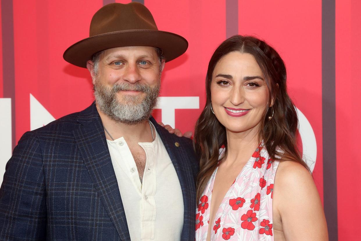 Joe Tippett and Sara Bareilles pose at the opening night of "Into The Woods" on Broadway at The St. James Theatre on July 10, 2022 in New York City.