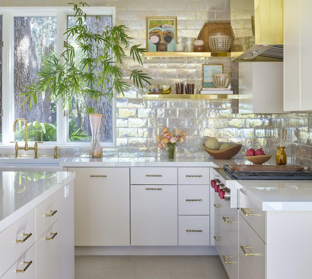 small modern kitchen iridescent tile backsplash sea island ellen kavanaugh