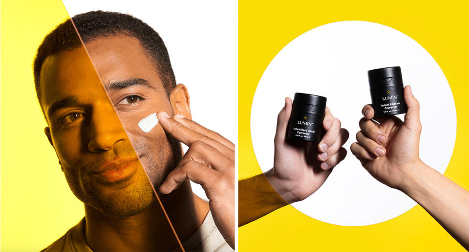 Man applying Lumin skincare product; Hands holding up Lumin skincare products